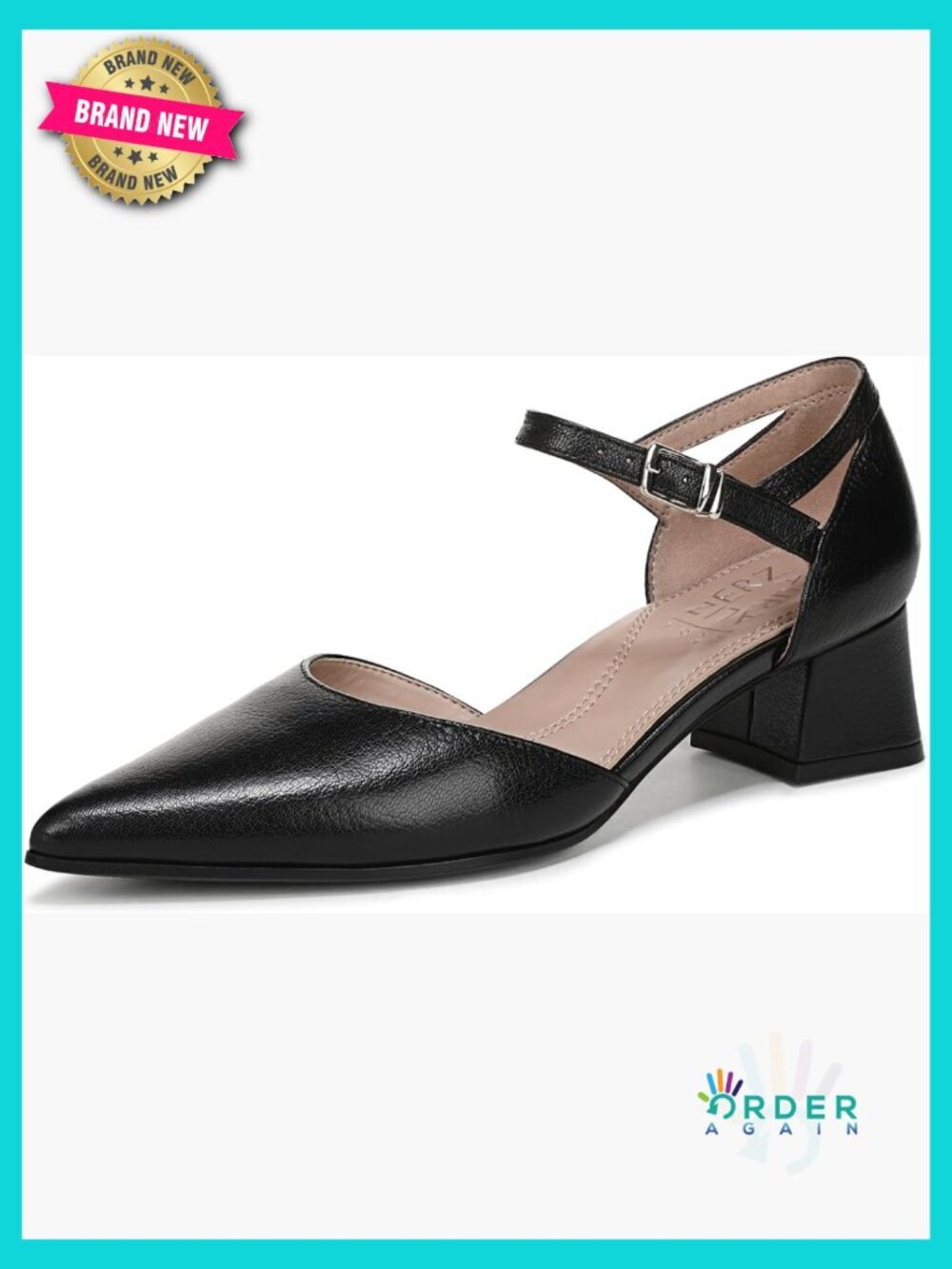 Strappy Heel Pump with Block Heel Pointed Toe Adjustable Buckle Closure Leather